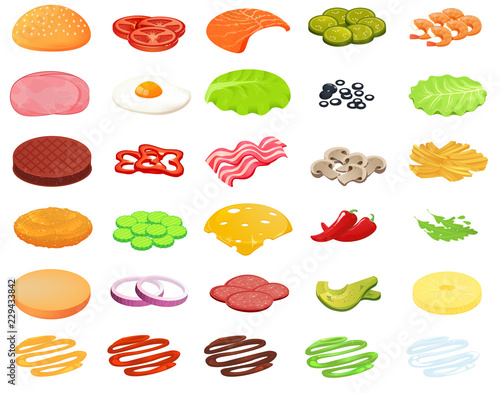 Ingredients burger designer. Constructor of food and meat and vegetables and cheese and fish