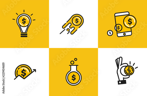 Outline web icon set - money, finance, payments. Logo object with dollar coin