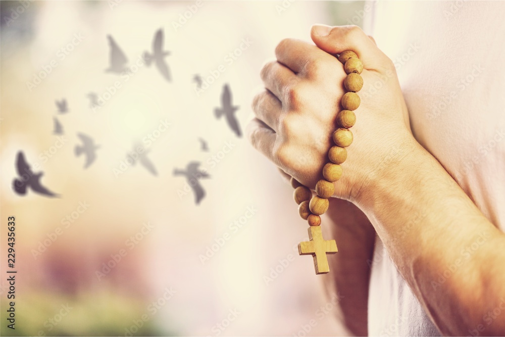 Woman praying and free birds enjoying nature on sunset Woman praying and free birds enjoying nature on sunset