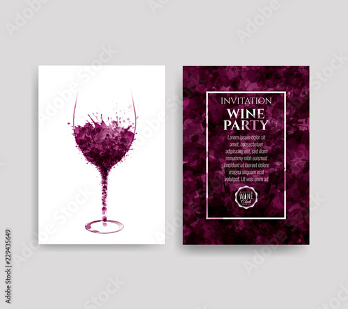 Illustration of glass with red wine stains. Background spots of wine drops. Templates for wine lists, flyer, promotions, invitations.