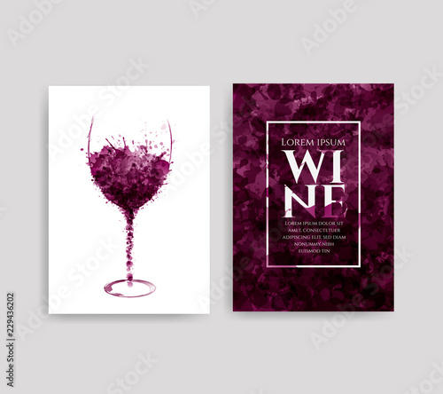 Illustration of glass with red wine stains. Background spots of wine drops. Templates for wine lists, flyer, promotions, invitations.