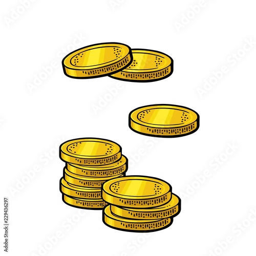Gold coins. Vintage color vector engraving isolated on white background.