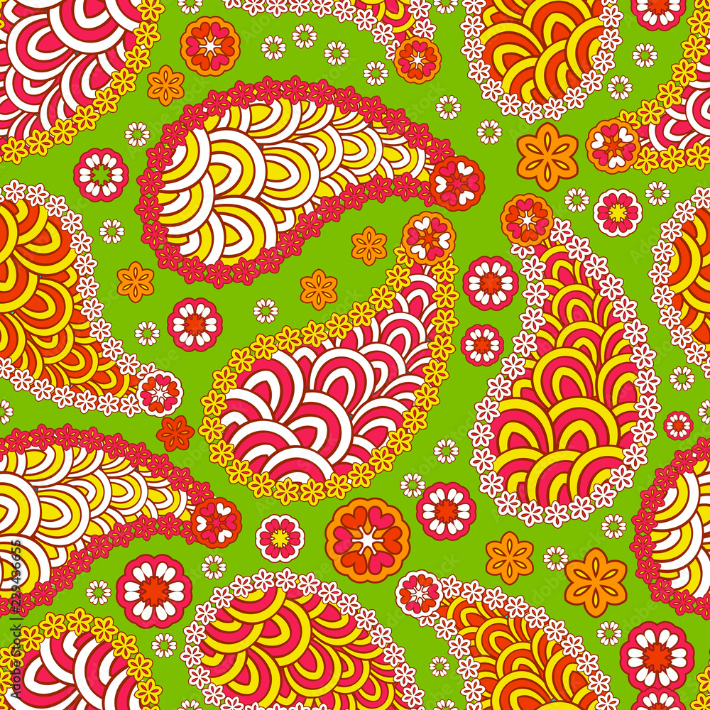 Naklejka premium Seamless texture, Embroidery colorful simplified, tribal style ethnic elements paisley . Vector traditional ornament