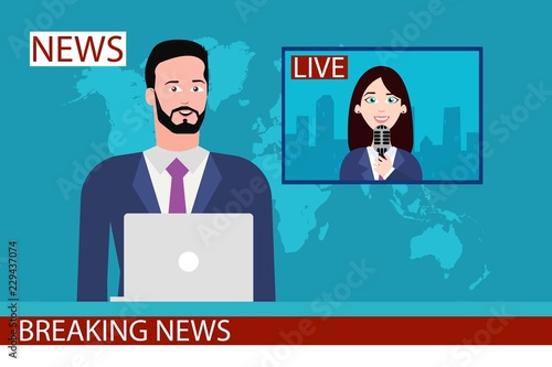 journalist broadcasting the news with a reporter live on screen