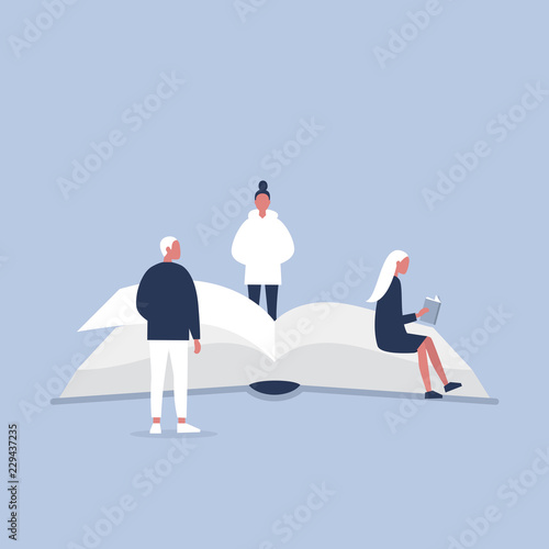 Reading a book. Library. Knowledge. Millennial readers. Flat editable vector illustration, clip art