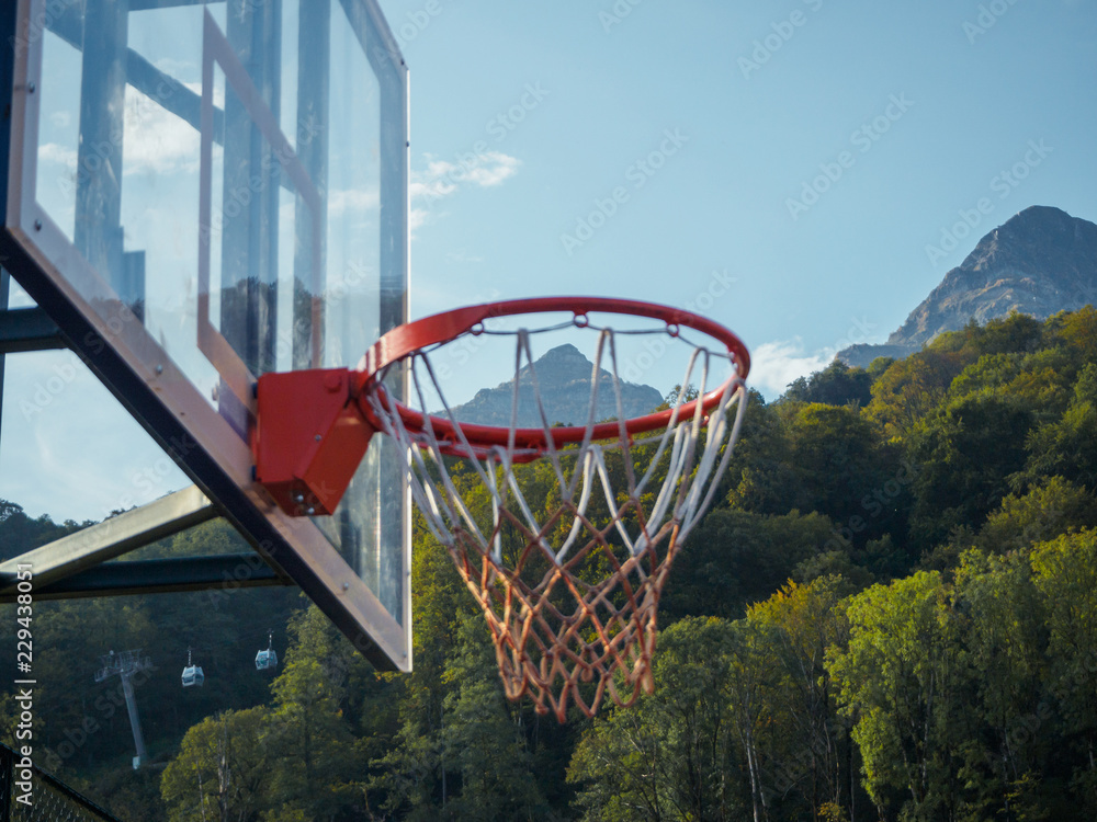 Basketball hoop and mountain Krasnaya Polyana Sochi 09/29/2018