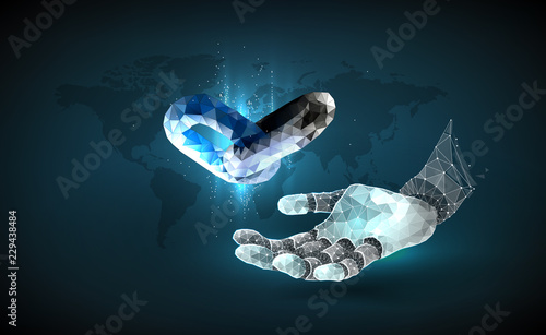 Robot arm.  Artificial Intelligence Concept. Chain. Blockchain technology. Planet Earth. Blockchain link. Internet technology chain icon polygonal hyperlink security business network concept. Low poly