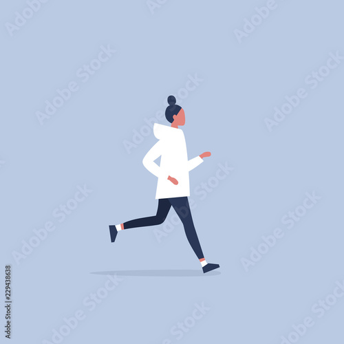 Caucasian young running woman wearing leggins and hoodie. Lifestyle. Flat editable vector illustration, clip art