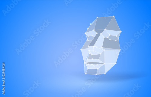 Face low poly art illustration. Concept of face detection by scanning technology advancement, human head. Face recognition. Polygonal space low poly with connected dots and polygon lines. 3D vector