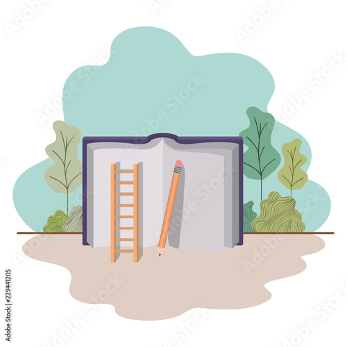 Open book with staircase and landscape isolated icon