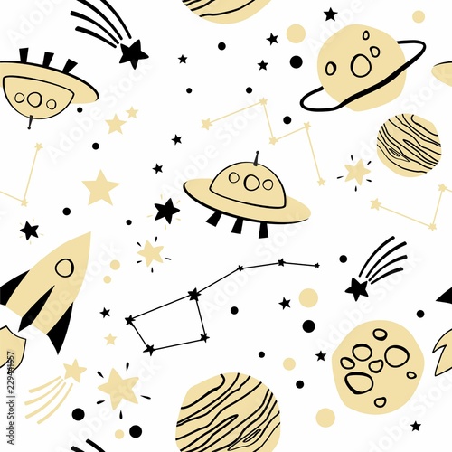 Seamless space pattern with spaceship, rocket, stars and planets
