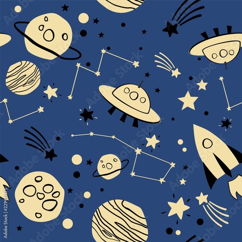 Seamless space pattern with spaceship, rocket, stars and planets
