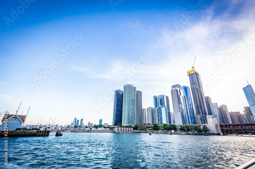 Chicago city view from Michigan Lake in beautiful a sunny day.