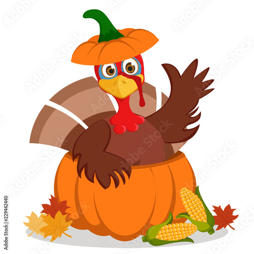 Turkey sitting in a pumpkin and waving his wing on a white.
