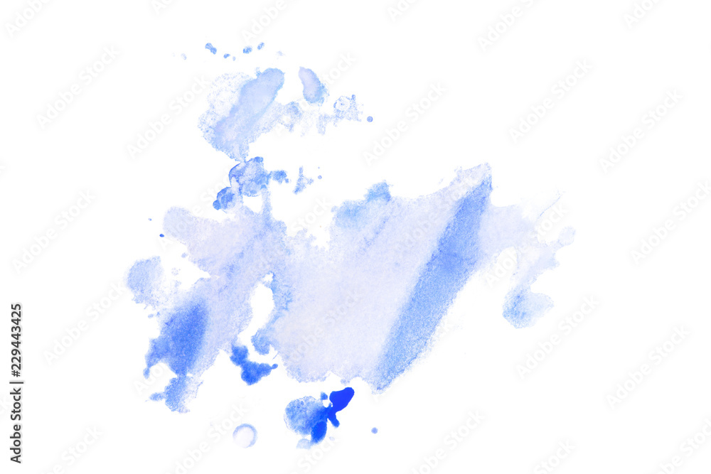 Obraz premium The watercolor stain is a blue transparent droplet, water stains with paint and gradients of color overflow.