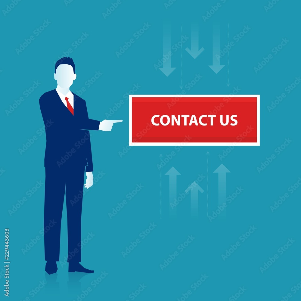 businessman pointing index finger to the contact us button businessman pointing index finger to the contact us button