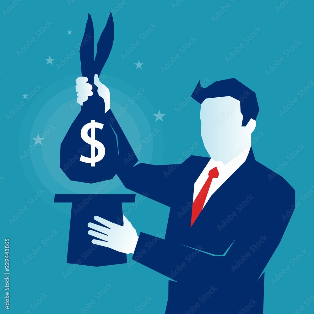 Obraz premium Business man hand pulls out of ahat money bag with bunny rabbit ears