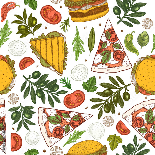 Pizza ingredients seamless pattern. Vintage style colored illustrations. Vector illustration