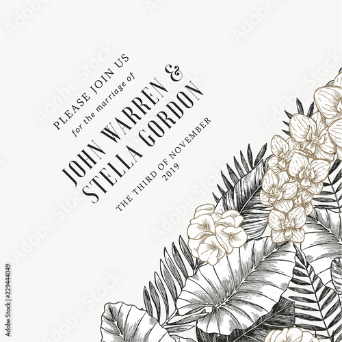 Fototapeta Naklejka Na Ścianę i Meble -  Elegant wedding invitation with exotic flowers and leaves. Card design template. Vector illustration