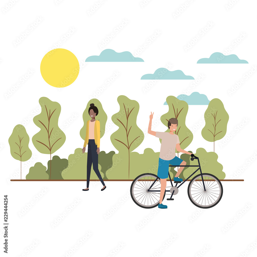 Naklejka premium couple doing sports in landscape avatar character