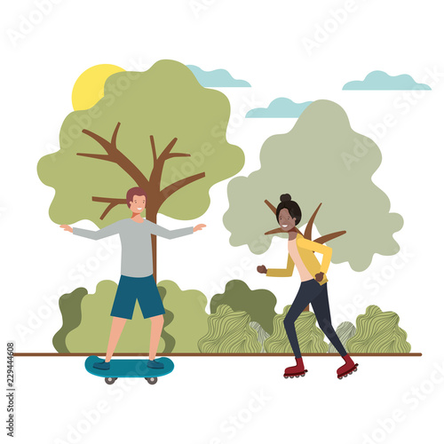 couple doing sports in landscape avatar character vector illustration design