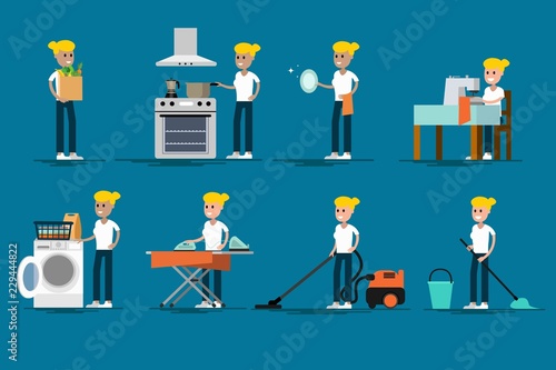 Set of female character doing home chores
