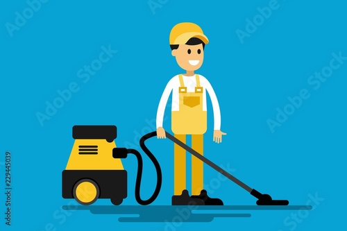 Maintenance worker vector character with vacuum cleaner
