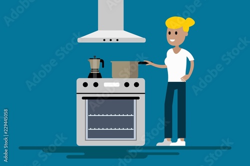 Cartoon cooking woman in kitchen
