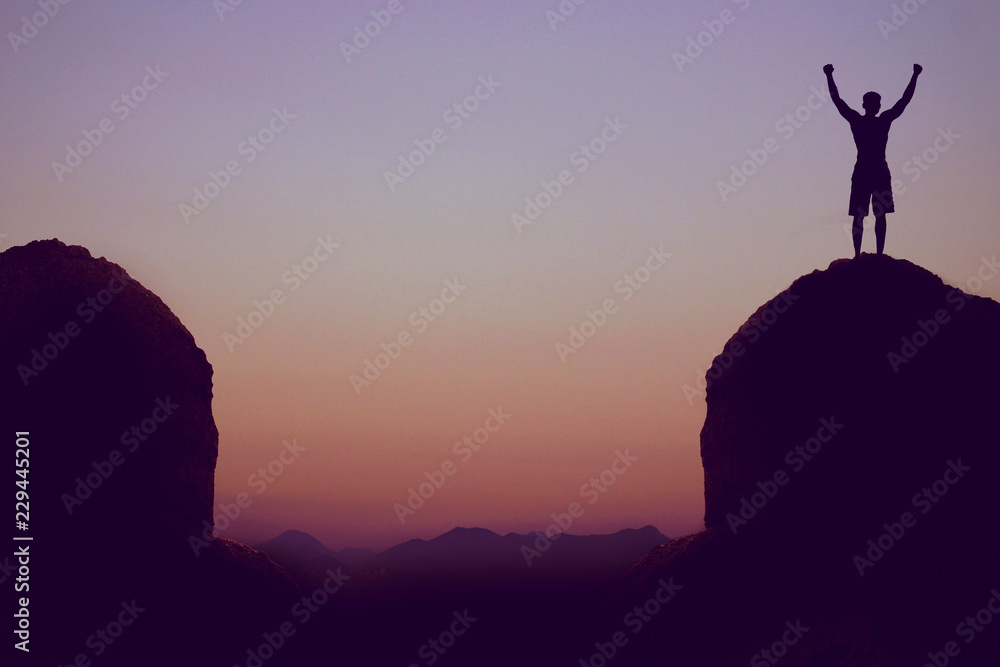 Cheering man in mountains as symbol for success