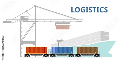 logistics port, ship, freight, warehouse, terminal, loading, unloading, truck, container ocean, sea, delivery truck lorry seaport truck transport logistics trucking car trailer cargo transportation