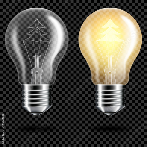 Transparent realistic light bulb with christmas tree, isolated.