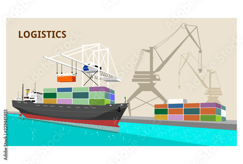 logistics port, ship, freight, warehouse, terminal, loading, unloading, truck, container ocean, sea, delivery truck lorry seaport truck transport logistics trucking car trailer cargo transportation