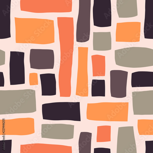 Rectangle shapes hand drawn abstract seamless vector pattern. Purple, orange, gray blocks on light pink background. Fall autumn color background. For fabric, web banner, page fills, paper, wallpaper