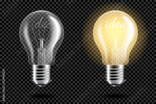 Transparent realistic light bulb with word idea, isolated.