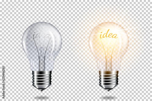 Transparent realistic light bulb with word idea, isolated.