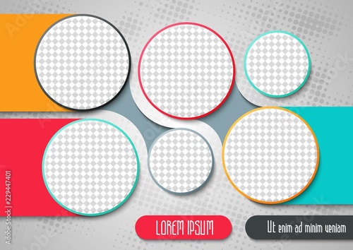 Template for photo collage or infographic in modern style. Frames for clipping masks is in the vector file. Template for a photo album with circle shapes frames © Lady_Gina