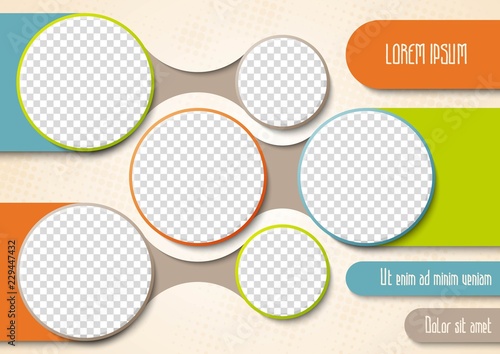 Template for photo collage or infographic in modern style. Frames for clipping masks is in the vector file. Template for a photo album with circle shapes frames