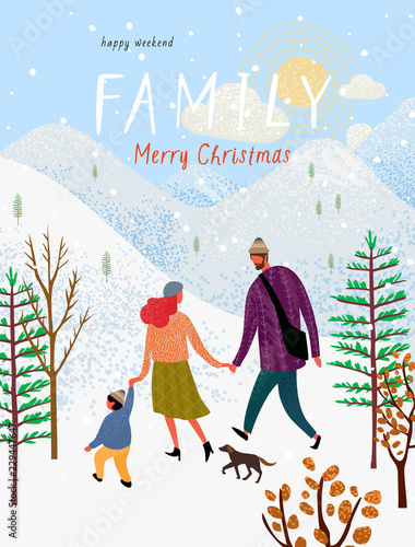 happy family in winter, vector illustration of a loving family in nature outdoors, mom, dad, child and dog walk among the mountains, trees and fir trees, cute postcard for Christmas and New Year