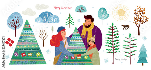 happy family celebrate Christmas and New Year and dance around the Christmas tree, set to create a winter illustration or card with elements: trees, snowflake, bush, dog, sun, gift