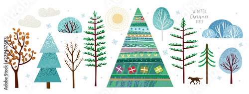 Create your own illustration of a winter landscape or a card for New Year and Christmas, a vector set of winter trees and a Christmas tree, sun, snow, snowflake, bush, cloud, dog and gift