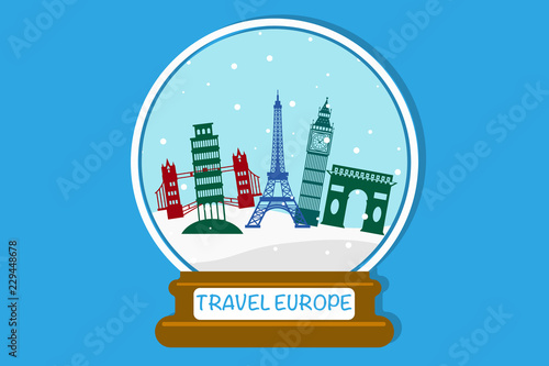 Snowball with European attractions in vector
