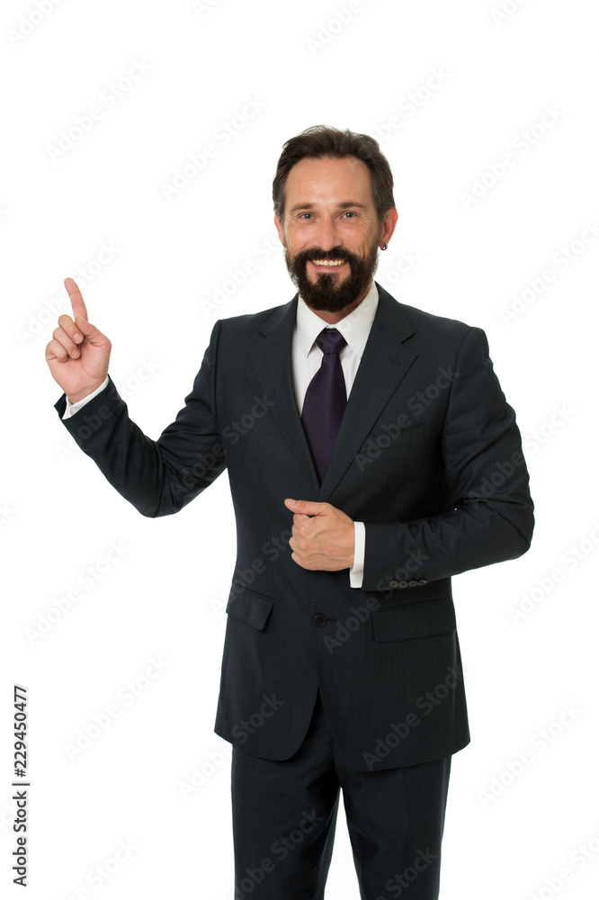 Pointing at business advertisement. Man pointing index finger advertisement isolated on white. Man bearded mature formal suit. Businessman or manager shows direction. Look at that advertisement Pointing at business advertisement. Man pointing index finger advertisement isolated on white. Man bearded mature formal suit. Businessman or manager shows direction. Look at that advertisement