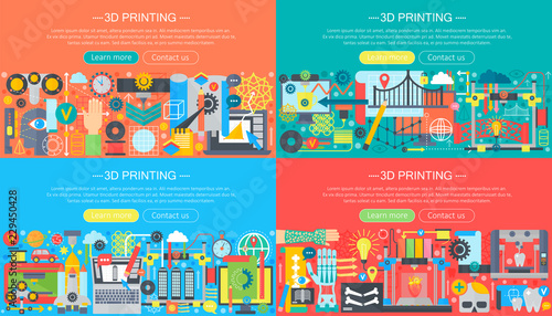 Volumetric 3d printing and modeling concepts collection. 3d compositing construction template design, web header vector illustration.