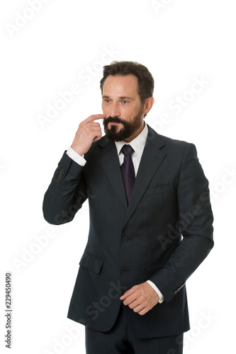 Businessman formal suit mature man isolated white. Businessman bearded thoughtful entrepreneur. Thoughtful businessman concept. Businessman thoughtful face make decision. Hard business decision