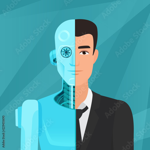 Half cyborg, half human man businessman in suit vector illustration.