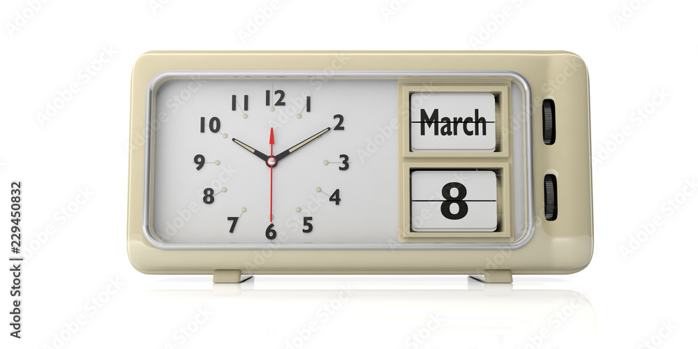 International womens day 8 March on old retro alarm clock, white background, isolated, 3d illustration. International womens day 8 March on old retro alarm clock, white background, isolated, 3d illustration.