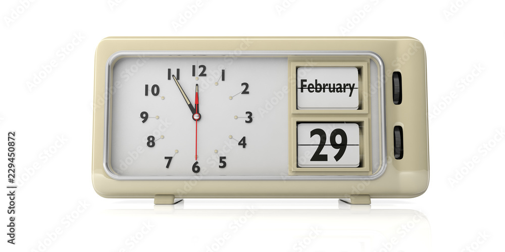 Leap Day 29 February on old retro alarm clock, white background, isolated, 3d illustration. - obrazy, fototapety, plakaty 