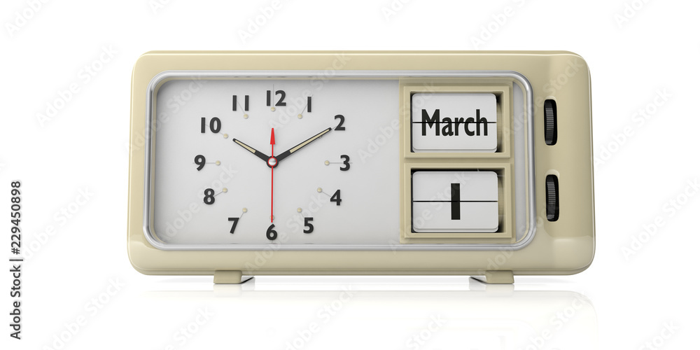 Saint Davids day on old retro alarm clock, white background, isolated. 3d illustration. Saint Davids day on old retro alarm clock, white background, isolated. 3d illustration.
