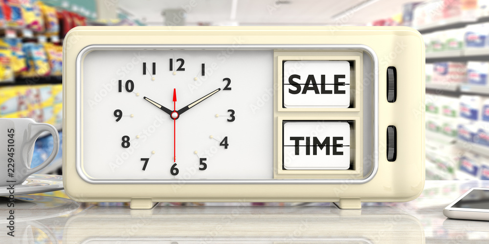 sale time text on retro alarm clock, blurry shop background. 3d illustration. sale time text on retro alarm clock, blurry shop background. 3d illustration.
