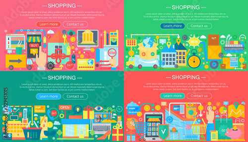 Online Shopping and E-Commerce concepts collection. Online e commerce infographics template design, web header shopping icons elements vector illustration.